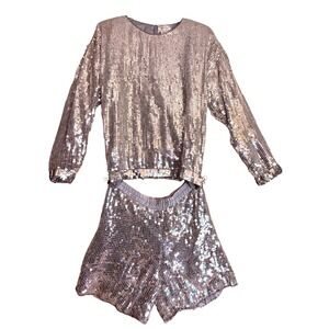 Candlelight by Jainsons International 1970s sequin silk silver shorts top M/L